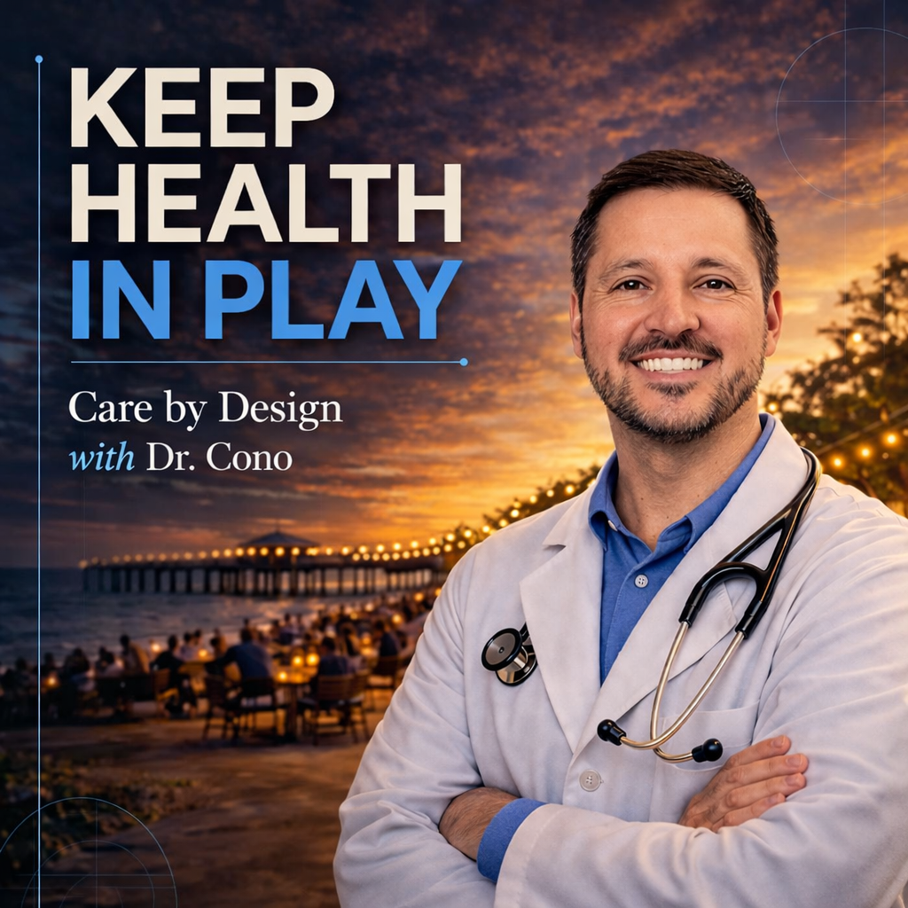 Keep Health in Play — Design Beats Intention — with Dr. Cono. Podcast cover showing Dr. Cono Badalamenti in white coat against a sunset community gathering scene.
